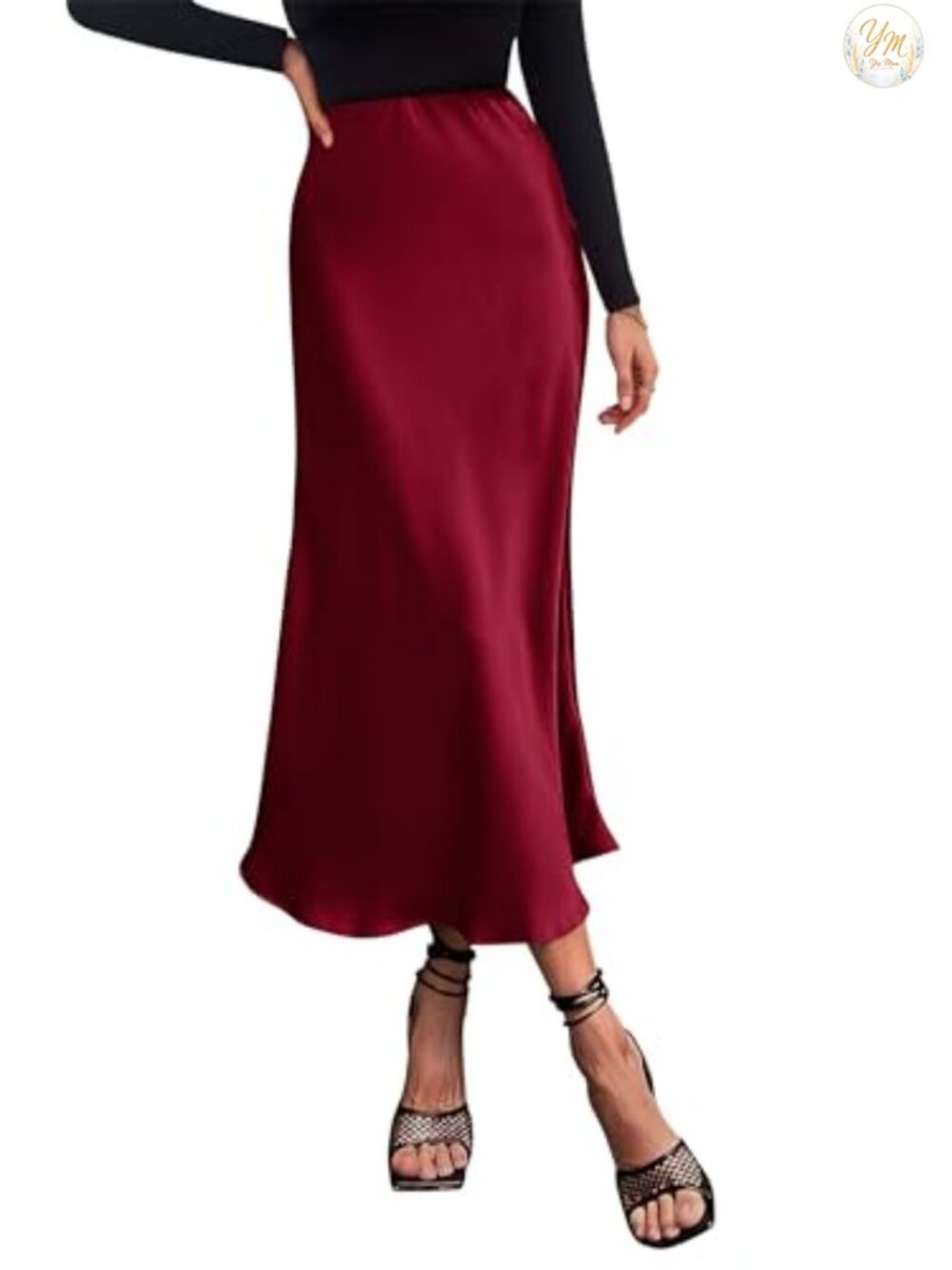 Satin Midi Skirt High Waisted A-Line Flowy Casual